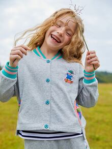 女孩卡通圖案落肩袖飛行員夾克 - 淺灰色 - 查看 4