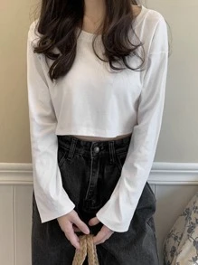 素色落肩袖短款T恤 - 白色 - 查看 1