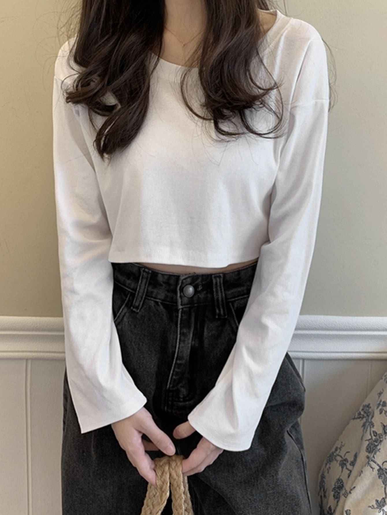 素色落肩袖短款T恤 - 白色 - 查看 1