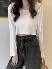 素色落肩袖短款T恤 - 白色 - 查看 3