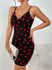 SHEIN Privé Heart Print Cami Bodycon Dress - Black - View 4