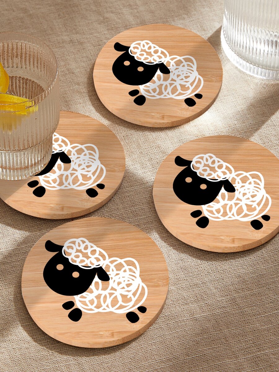 1pc Bamboo Coaster, Cute Sheep Pattern Round Drink Coaster For Table - Multicolor - View 1