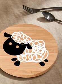 1pc Bamboo Coaster, Cute Sheep Pattern Round Drink Coaster For Table - Multicolor - View 3