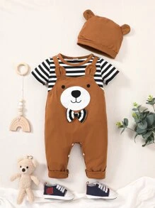 Baby Boy Striped & Cartoon Graphic Bow Front 2 In 1 Jumpsuit - Multicolor - View 1