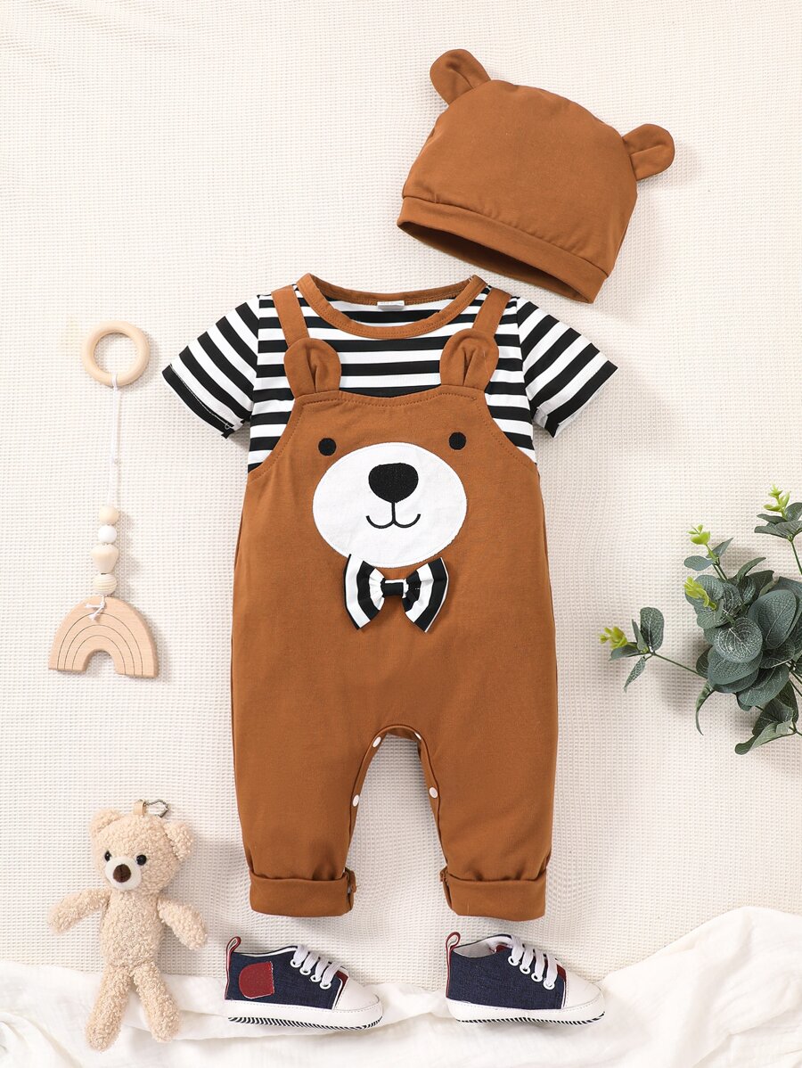 Baby Boy Striped & Cartoon Graphic Bow Front 2 In 1 Jumpsuit - Multicolor - View 1