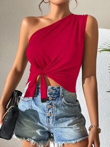 SHEIN Privé 單肩下擺打結上衣 - 紅色 - 查看 4