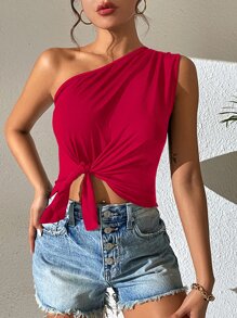 SHEIN Privé 單肩下擺打結上衣 - 紅色 - 查看 5
