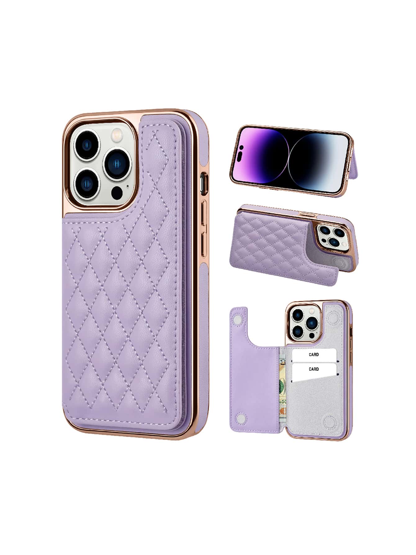 ONEGIF Plating Side Sticker Flip Card Slot Ultra-Fine Leather Wallet Phone Case Compatible With IPhone - Purple - View 1