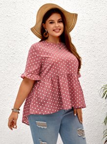 SHEIN LUNE Plus Polka Dot Print Flounce Sleeve Peplum Blouse - Dusty Pink - View 3