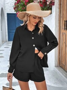 SHEIN VCAY Solid Button Front Blouse & Elastic Waist Shorts - Black - View 3