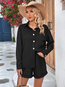 SHEIN VCAY Solid Button Front Blouse & Elastic Waist Shorts - Black - View 5