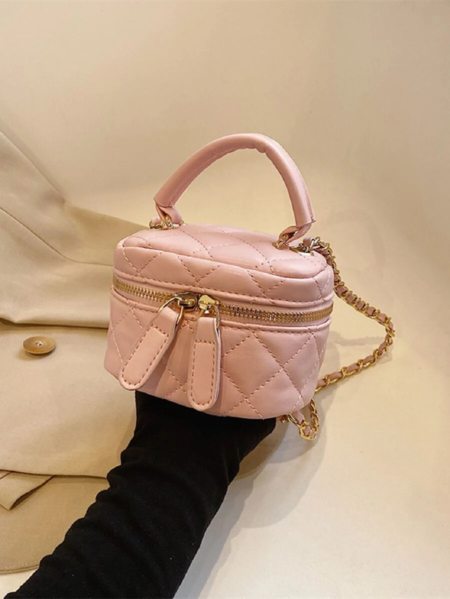 Mini Quilted Chain Bucket Bag - Pink - View 1