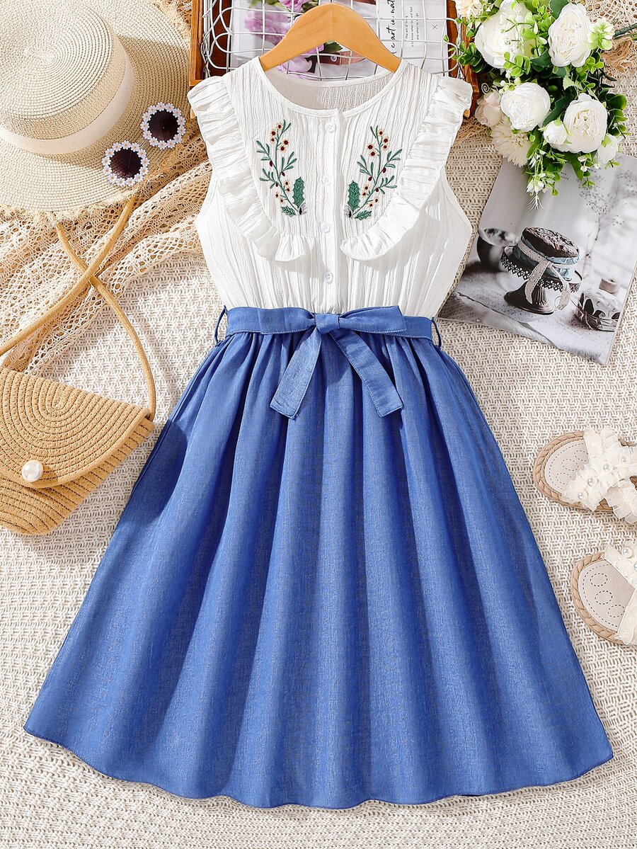Chicas Vestido con cinturón con bordado floral ribete con fruncido - Azul y blanco - Ver 1