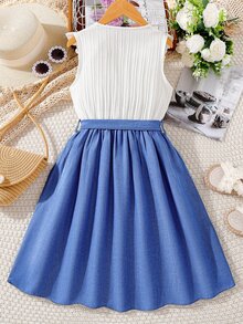 Chicas Vestido con cinturón con bordado floral ribete con fruncido - Azul y blanco - Ver 2