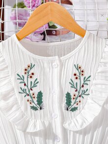 Chicas Vestido con cinturón con bordado floral ribete con fruncido - Azul y blanco - Ver 4