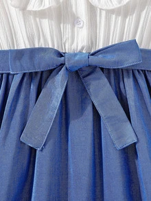 Chicas Vestido con cinturón con bordado floral ribete con fruncido - Azul y blanco - Ver 6