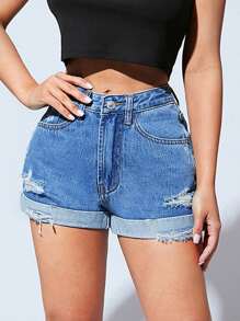 SHEIN PETITE Shorts en mezclilla desgarro bajo de doblez - Azul lavado medio - Ver 1