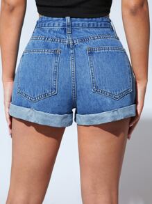 SHEIN PETITE Shorts en mezclilla desgarro bajo de doblez - Azul lavado medio - Ver 2