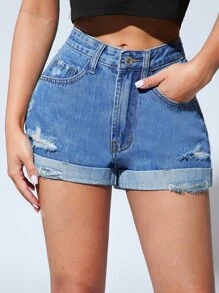 SHEIN PETITE Shorts en mezclilla desgarro bajo de doblez - Azul lavado medio - Ver 3
