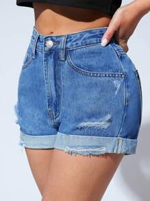 SHEIN PETITE Shorts en mezclilla desgarro bajo de doblez - Azul lavado medio - Ver 5