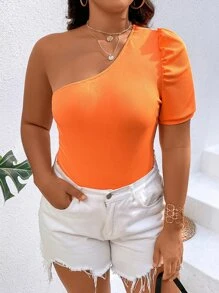 Calvaya Plus One Shoulder Puff Sleeve Ribbed Knit Bodysuit - Orange - View 4