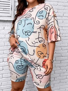 Calvaya Große Größen Grafik-Drop-Shoulder T-Shirt & Bikershorts, Sommer