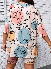 Calvaya Große Größen Grafik-Drop-Shoulder T-Shirt & Bikershorts, Sommer
