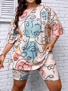 Calvaya Große Größen Grafik-Drop-Shoulder T-Shirt & Bikershorts, Sommer