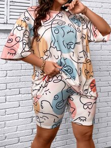Calvaya Große Größen Grafik-Drop-Shoulder T-Shirt & Bikershorts, Sommer