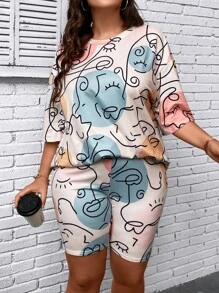 Calvaya Große Größen Grafik-Drop-Shoulder T-Shirt & Bikershorts, Sommer