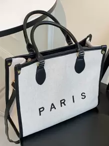 輕便帆布質地大容量洋氣字母印花品牌奢華女式手提包適合少女女大學生、教師、白領完美適合學校、學院、小學、工作、商務、通勤、戶外、旅行、郊遊、教師節 - 黑色 - 查看 2