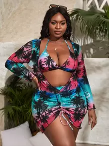 SHEIN Slayr 大碼棕櫚樹印花比基尼套裝掛脖三角和高腰下裝和罩衫連衣裙2入组泳衣 - 彩色 - 查看 1