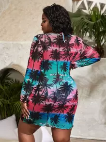 SHEIN Slayr 大碼棕櫚樹印花比基尼套裝掛脖三角和高腰下裝和罩衫連衣裙2入组泳衣 - 彩色 - 查看 2