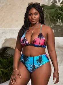 SHEIN Slayr 大碼棕櫚樹印花比基尼套裝掛脖三角和高腰下裝和罩衫連衣裙2入组泳衣 - 彩色 - 查看 3