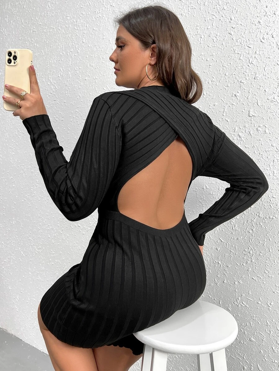 Calvaya Plus Cut Out Back Jumper Dress - Black - View 1