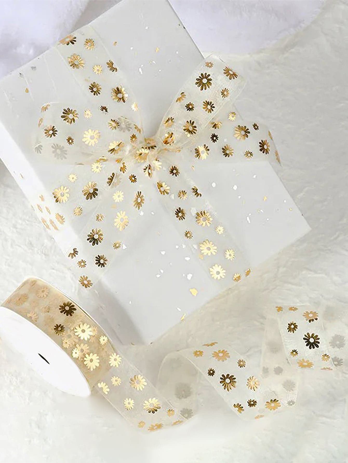 1入組-2個尺寸的金色花裝飾禮品包裝緞帶,禮品包裝緞帶,禮物蝴蝶結 - 金色 - 查看 1