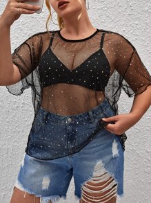 SHEIN Essnce Plus Star Print Drop Shoulder Mesh Top Without Bra - Black - View 1