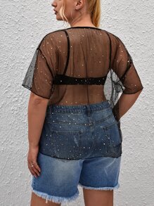 SHEIN Essnce Plus Star Print Drop Shoulder Mesh Top Without Bra - Black - View 2