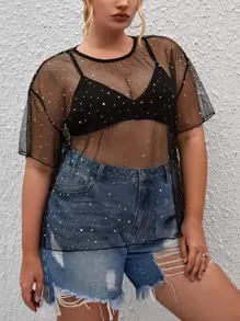 SHEIN Essnce Plus Star Print Drop Shoulder Mesh Top Without Bra - Black - View 4