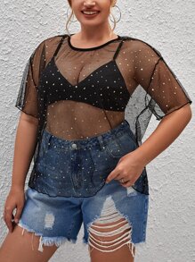SHEIN Essnce Plus Star Print Drop Shoulder Mesh Top Without Bra - Black - View 6