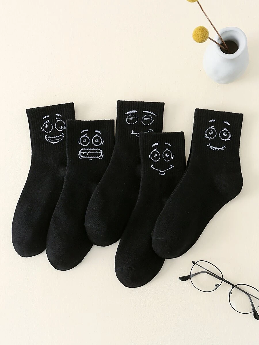 5雙男士表情圖案短襪 - 黑色 - 查看 1