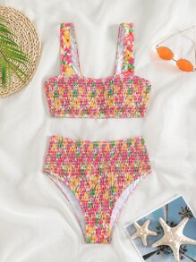 Swim Mod Floral Print Bikini Set Smocked Wide Strap Top & High Waisted Bottom 2 Piece Bathing Suit - Multicolor - View 1