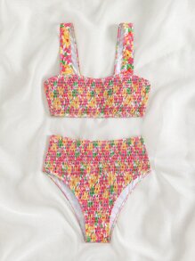 Swim Mod Floral Print Bikini Set Smocked Wide Strap Top & High Waisted Bottom 2 Piece Bathing Suit - Multicolor - View 5