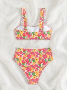 Swim Mod Floral Print Bikini Set Smocked Wide Strap Top & High Waisted Bottom 2 Piece Bathing Suit - Multicolor - View 6