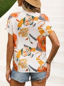 SHEIN Clasi Floral Print Batwing Sleeve Blouse,Short Sleeve Tops - Apricot - View 2