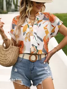 SHEIN Clasi Floral Print Batwing Sleeve Blouse,Short Sleeve Tops - Apricot - View 6