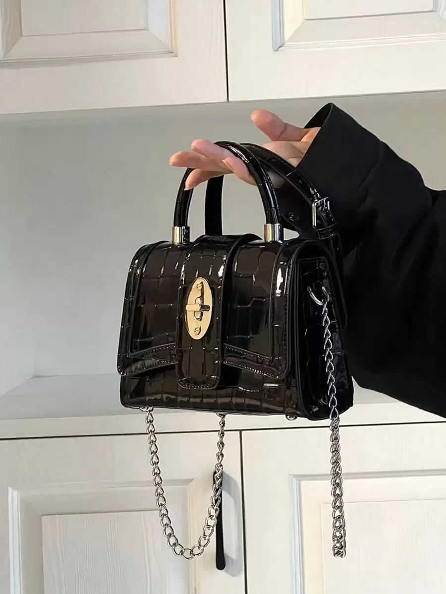 Túi xách tay đồng hồ cát họa tiết cá sấu thời trang thanh lịch, tiện dụng, đeo vai/đeo chéo - màu đen - Xem 1