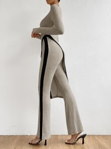 Firerie Contrast Side Seam Asymmetrical Hem Tee & Trousers - Brown - View 3