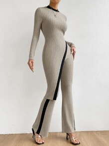 Firerie Contrast Side Seam Asymmetrical Hem Tee & Trousers - Brown - View 4