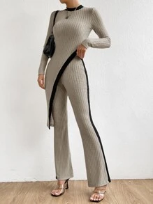 Firerie Contrast Side Seam Asymmetrical Hem Tee & Trousers - Brown - View 5